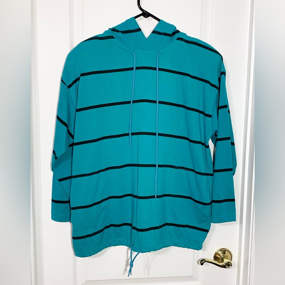 80s Betty Blue Hooded Striped Knit Top HONG KONG MADE Vintage Aqua Black Medium